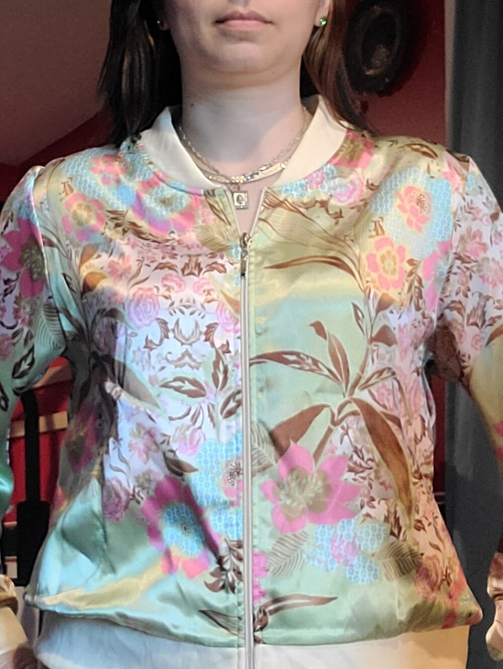 Floral Satin Bomber Jacket - Pastel Multicolor